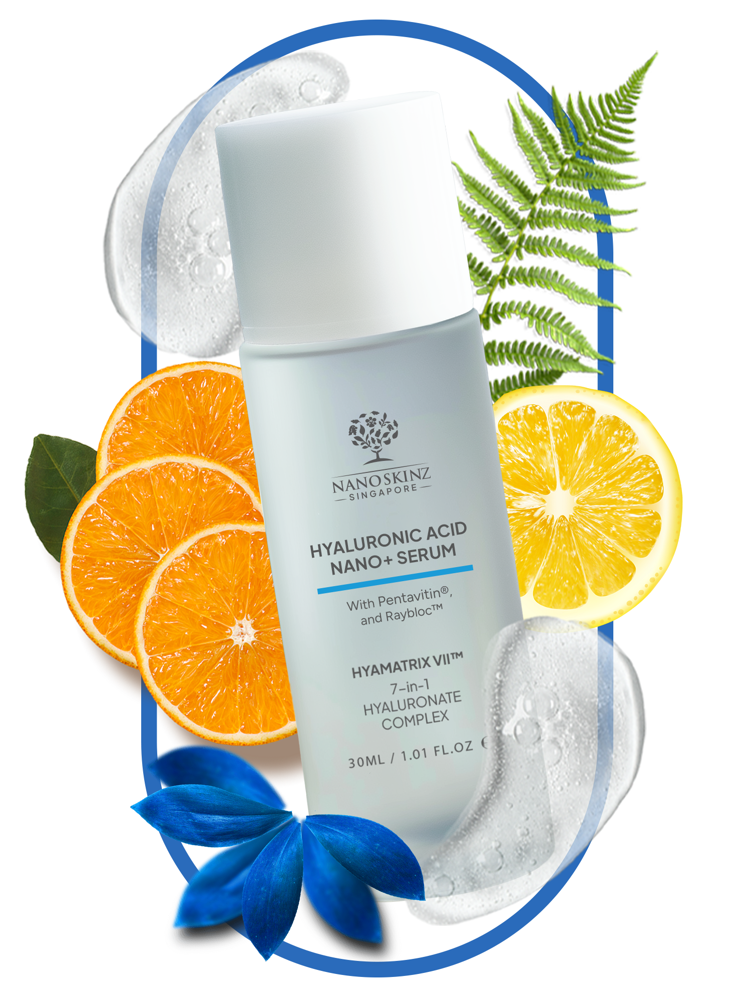 A bottle of Nano Singapore's best hyaluronic acid serum surrounded by fruit
