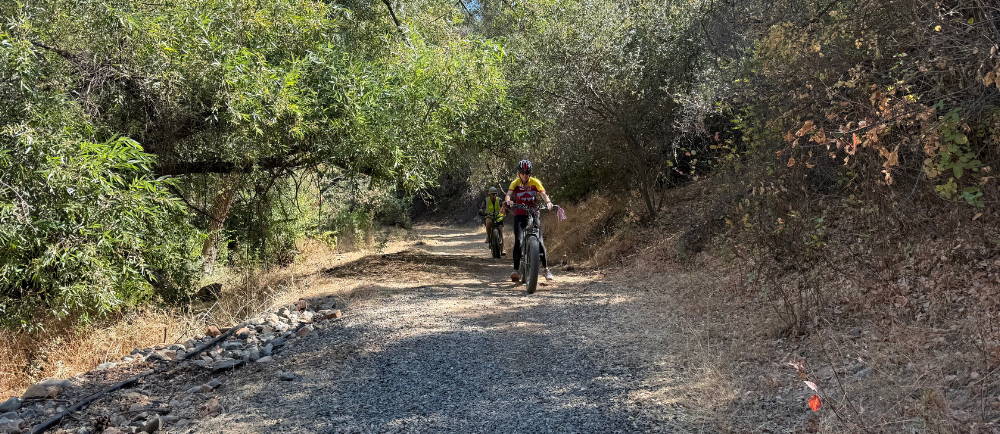 two people on aventon aventure electric bikes riding on a trail in mariposa, california, while on a tour with yosemite e-biking (yosemiteebiking.com)