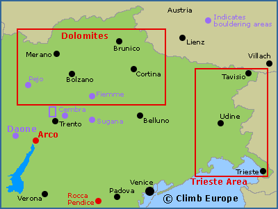 Map of the main rock climbing areas in northeast Italy