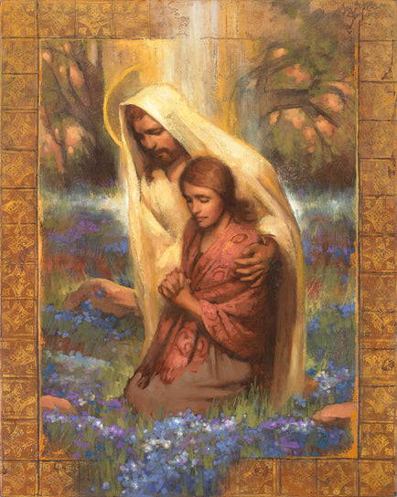Jesus comforting a woman kneeling in prayer.