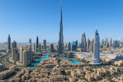 Aerial view of the stunning Dubai skyline featuring the towering Burj Khalifa, surrounding skyscrapers, a turquoise lake, and residential buildings.