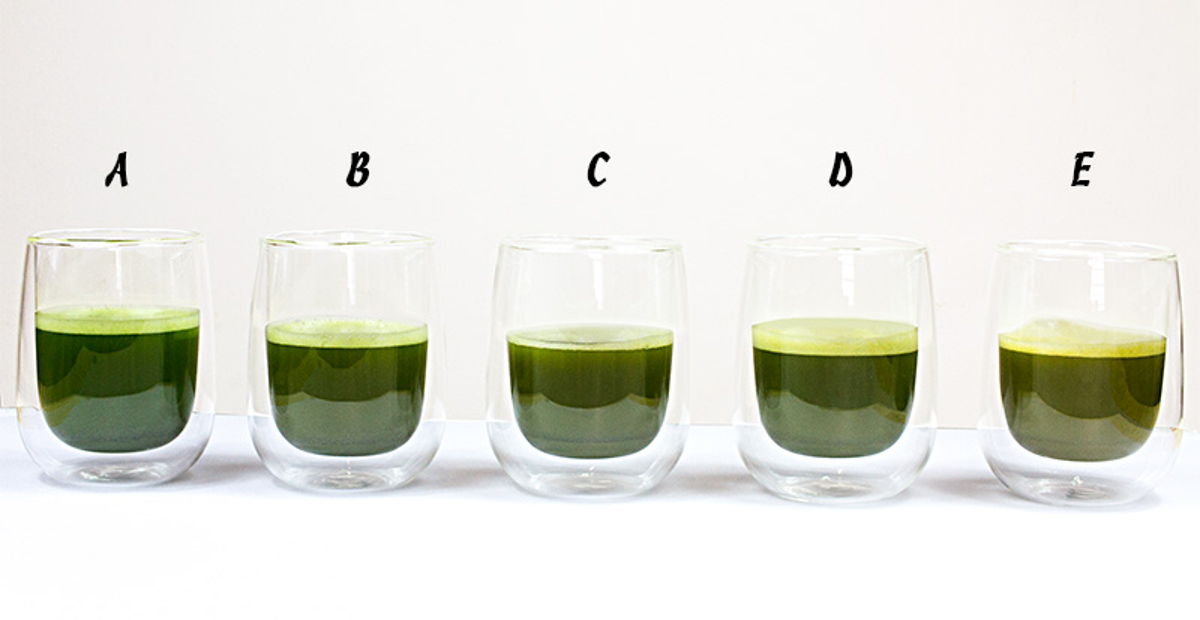 Matcha grades compared in the cup — colour and froth differences