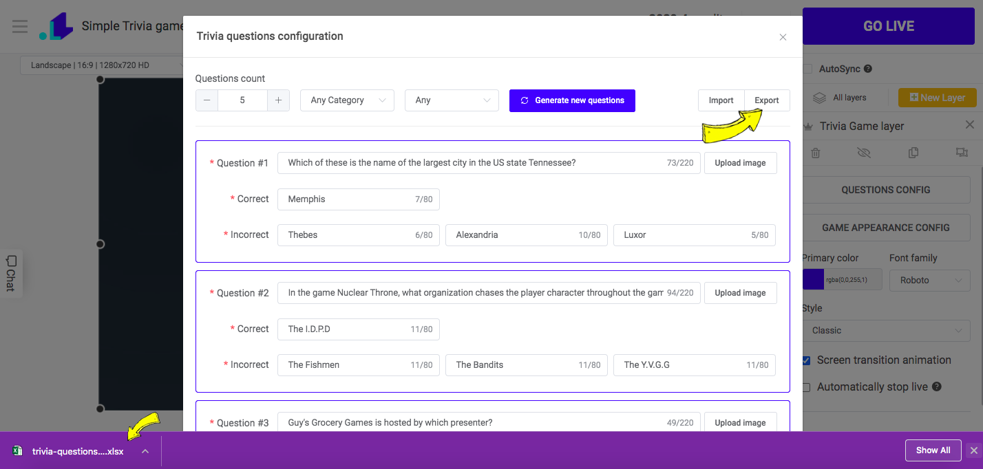 Trivia game questions file export