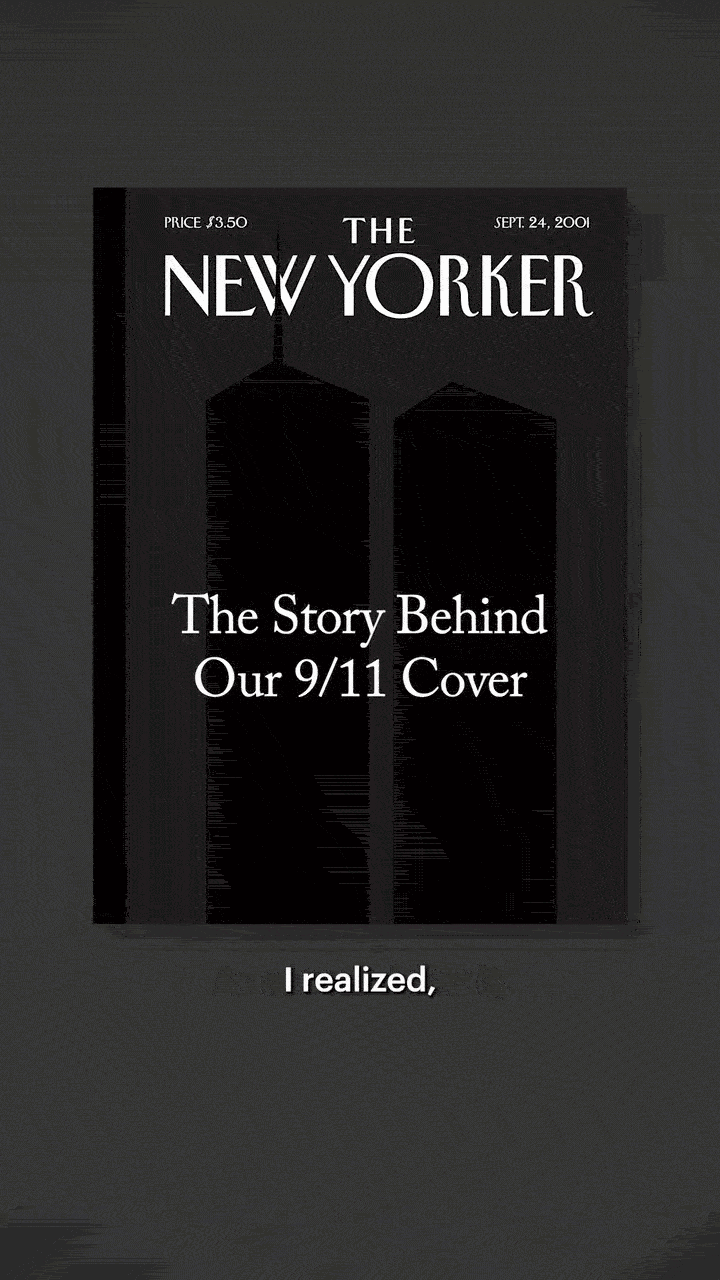 A gif showing a New Yorker cover with the Twin Towers.