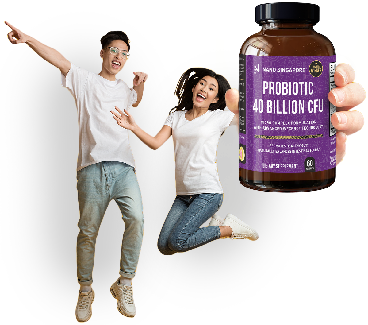 A happy couple holding a bottle of Nano Singapore's best probiotic supplement