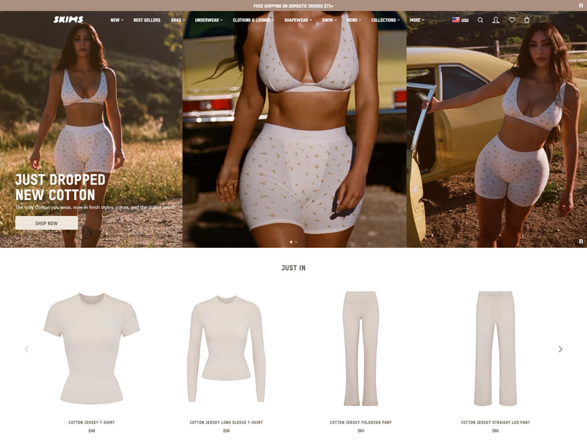 Screenshot of Skims, from the shopify clothing stores collection.