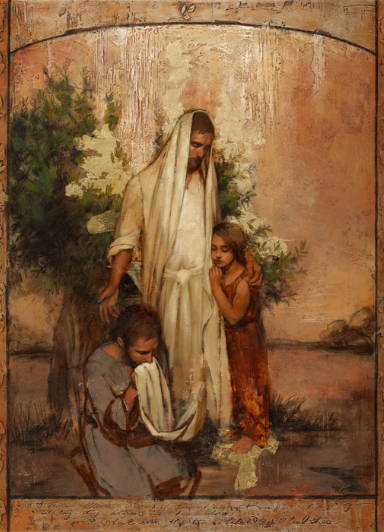Jesus comforting a young girl and a man who is kneeling at HIs feet, kissing His robe.