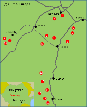 Map of the rock climbing areas around Brasov