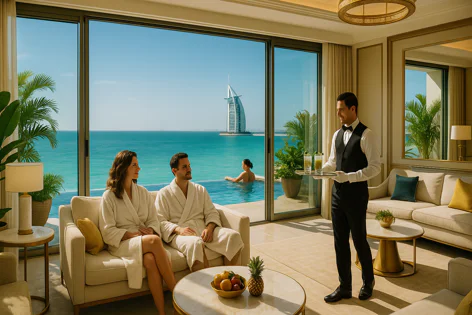 Couple in bathrobes relax in a suite overlooking the ocean and Burj Al Arab. Waiter serves drinks, person in pool outside.
