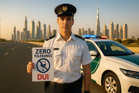 Police officer holding a 'ZERO TOLERANCE DUI' sign beside a police car with flashing lights. The Dubai skyline, including the Burj Khalifa, is visible in the background.