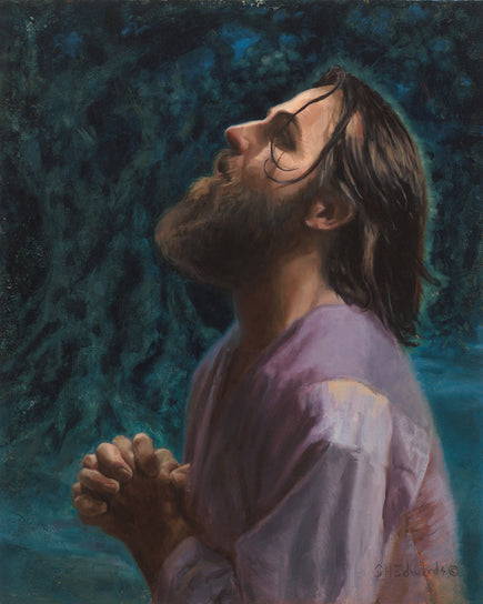 Painting of Jesus praying in the dark of Gethsemane.