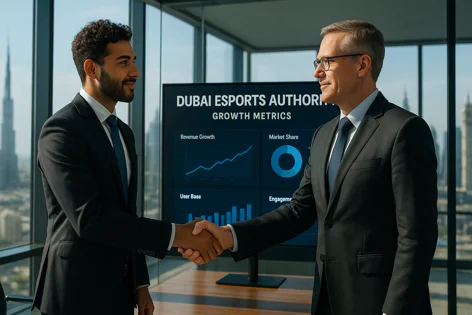 Two businessmen in suits shake hands in an office overlooking the Dubai skyline. A screen behind them shows growth metrics for Dubai Esports Authority.