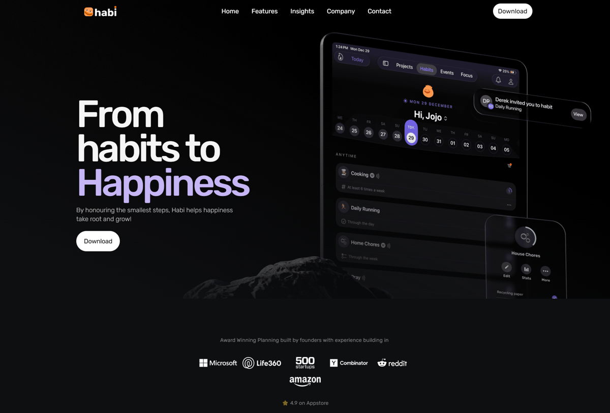 Screenshot of Habi , from the app websites collection.