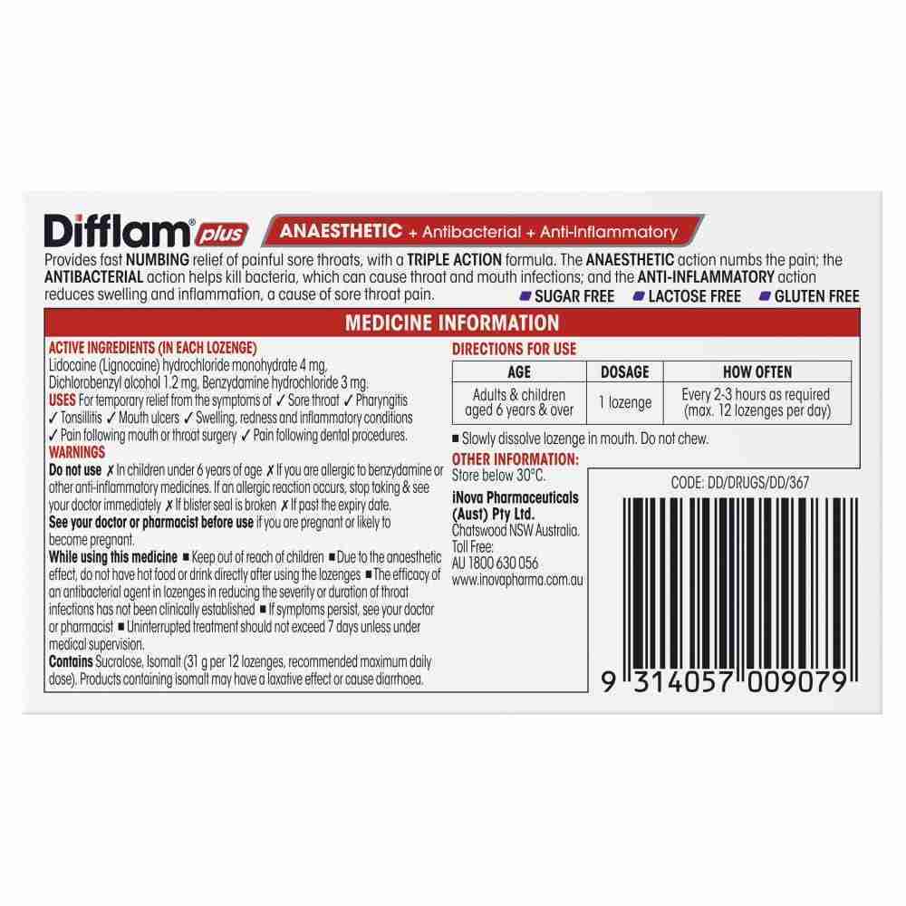 Difflam Plus Anaesthetic Sore Throat Lozenges Blackcurrant Flavour 16S - Image 3