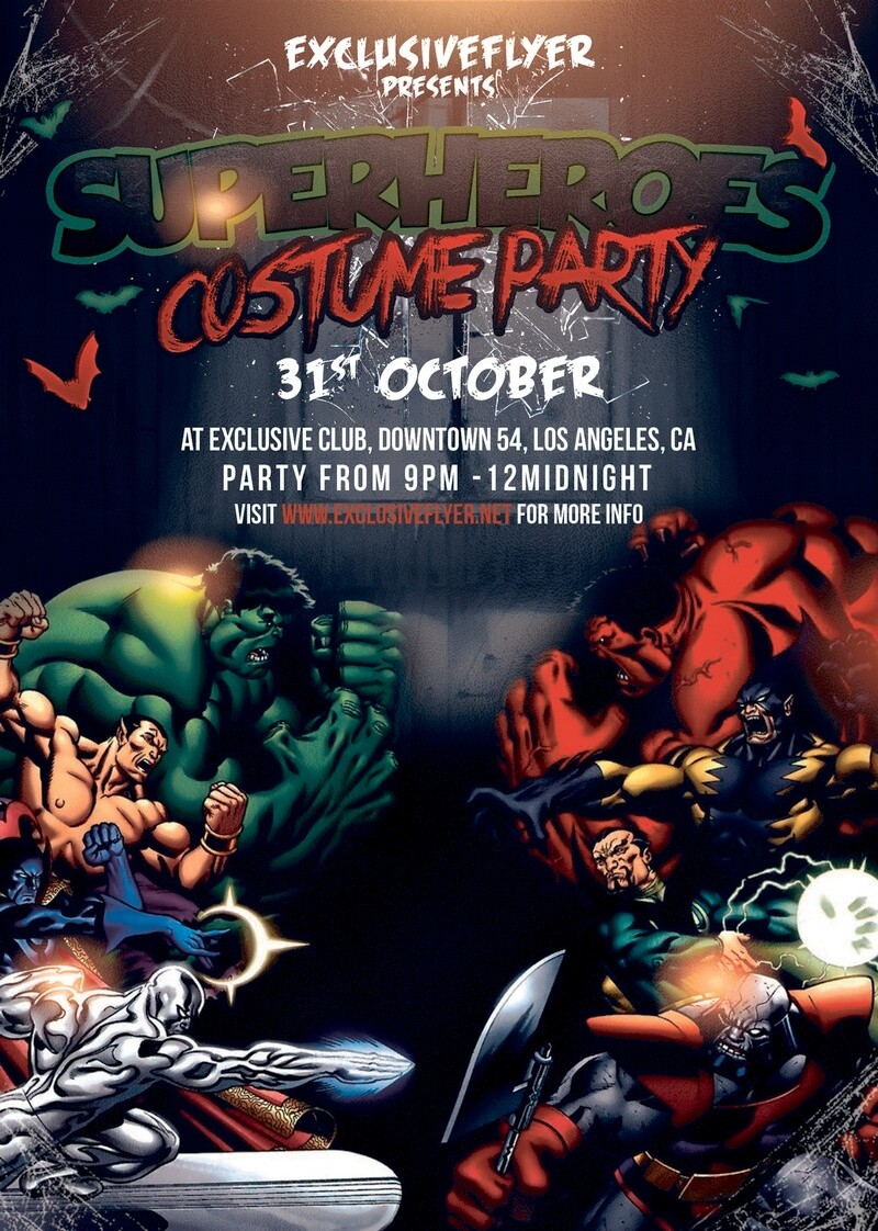 Seasonal A5 шаблон флайера - костюмированная вечеринка супергероев