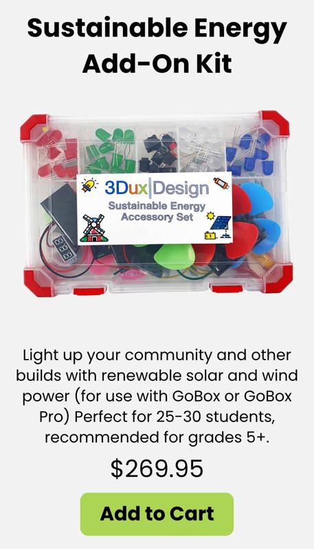 mage of a renewable energy STEM add-on kit with solar panels wind turbines LEDs and circuitry components for hands-on classroom projects teaching sustainability engineering and clean energy for grades 5 and up.