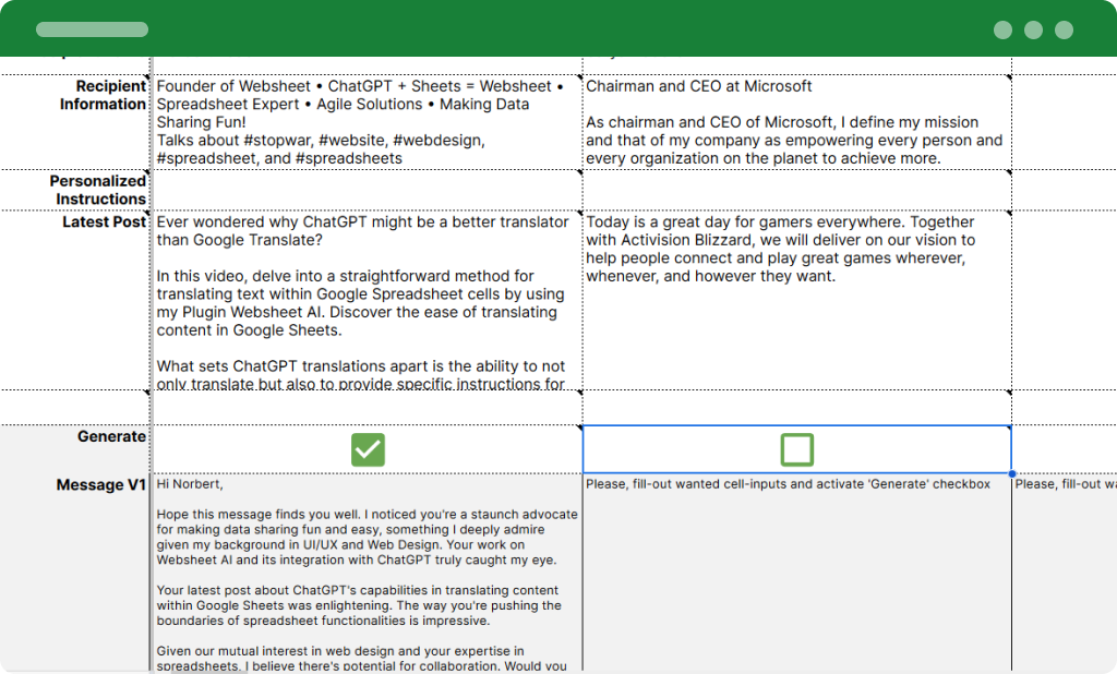 Filling Global Cell Inputs