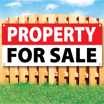 Wood fence displaying a banner saying 'PROPERTY SPACE' in white text on a red background and 'FOR SALE' in black Text on White Background