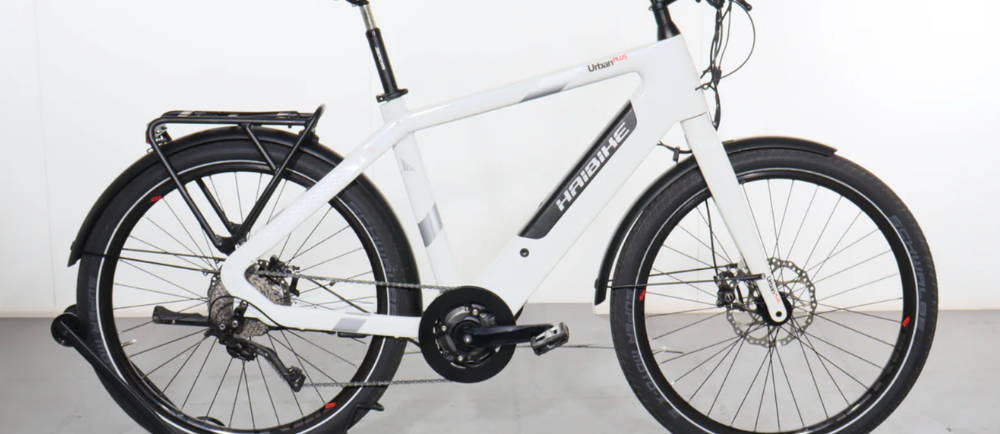 a white Haibike Urban Plus electric city bike