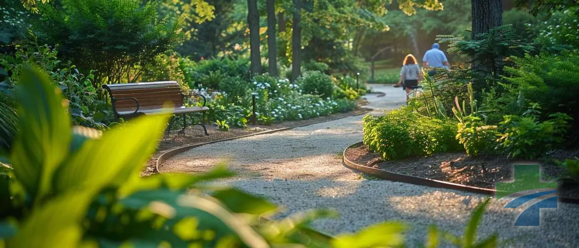 Healing garden path with individuals enjoying the peace and lush surroundings.