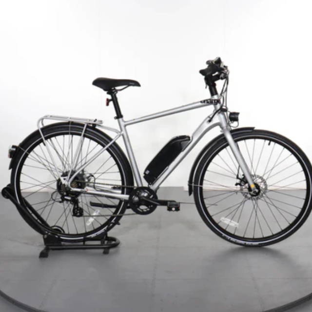 A silver Charge electric bike