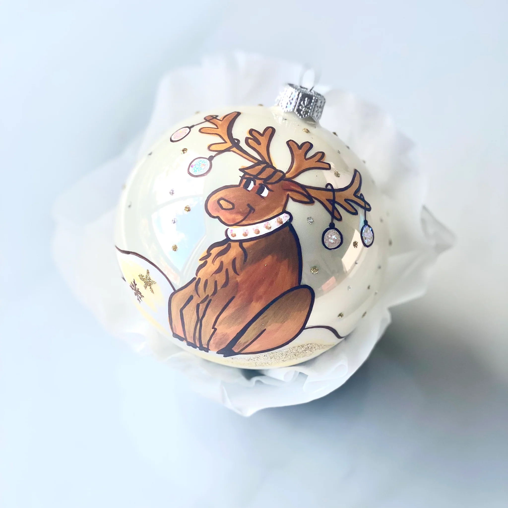 100mm Goofy Brown Reindeer hand painted bauble