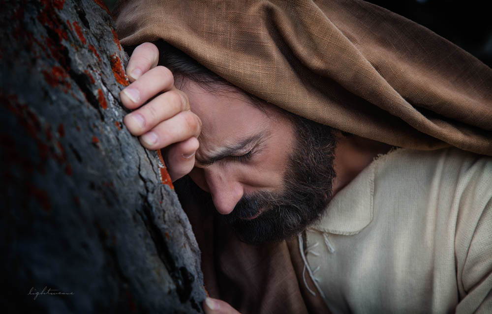 Jesus leaning up against a tree in Gethsemane. His expression is pained.
