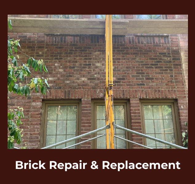 Scaffolding in front of a red brick building where repair work is being performed above two windows.