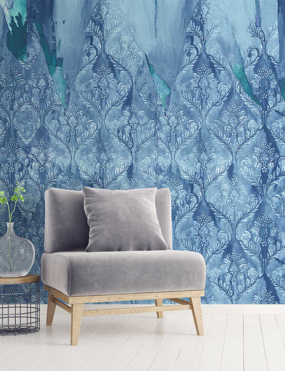 Feathr Blue Beautiful Distressed Damask Wallpaper design image