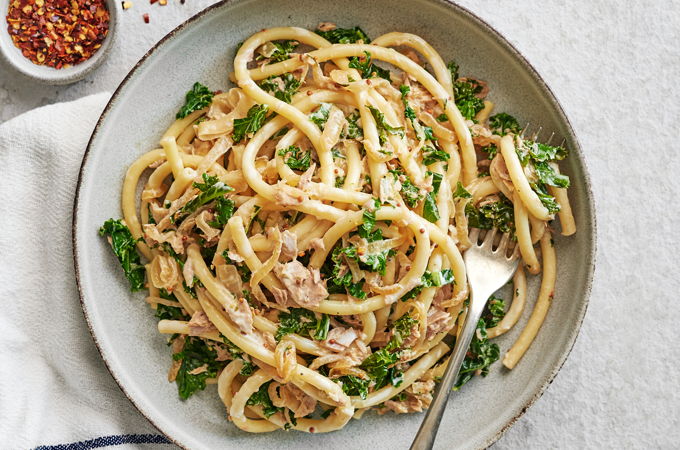 Tuna, Caramelized Onion and Kale Pasta