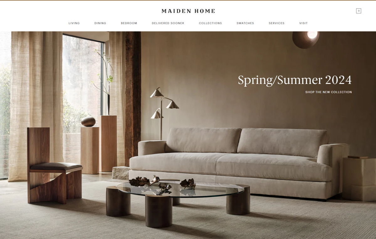 Screenshot of Maiden Home, from the shopify furniture stores collection.