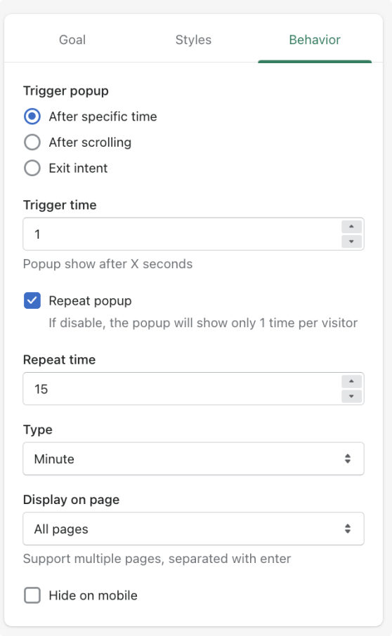 Behavior setting to trigger shopify discount pop up