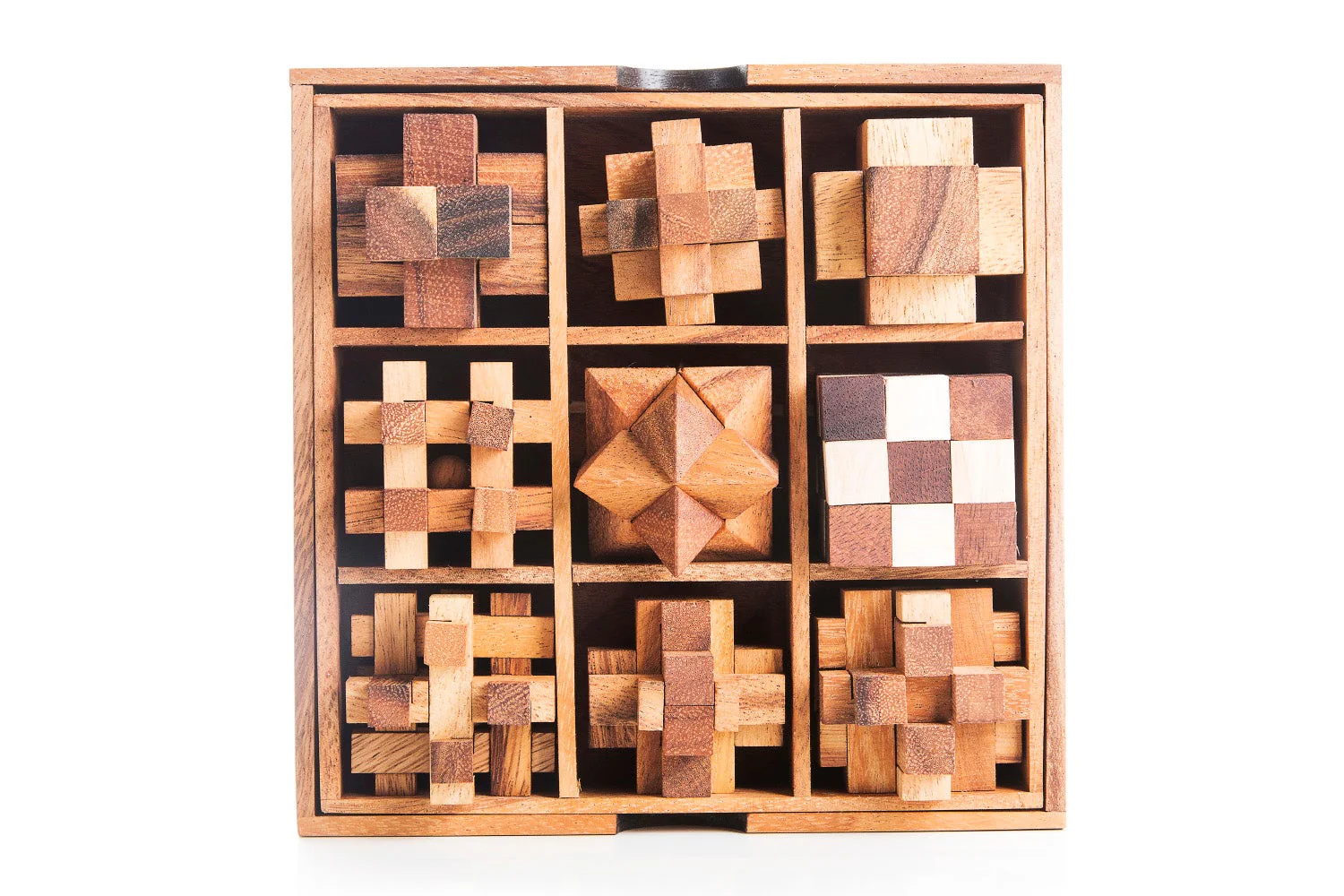 Wooden brain teaser puzzle gift box - 9 individual mechanical puzzle set in own box