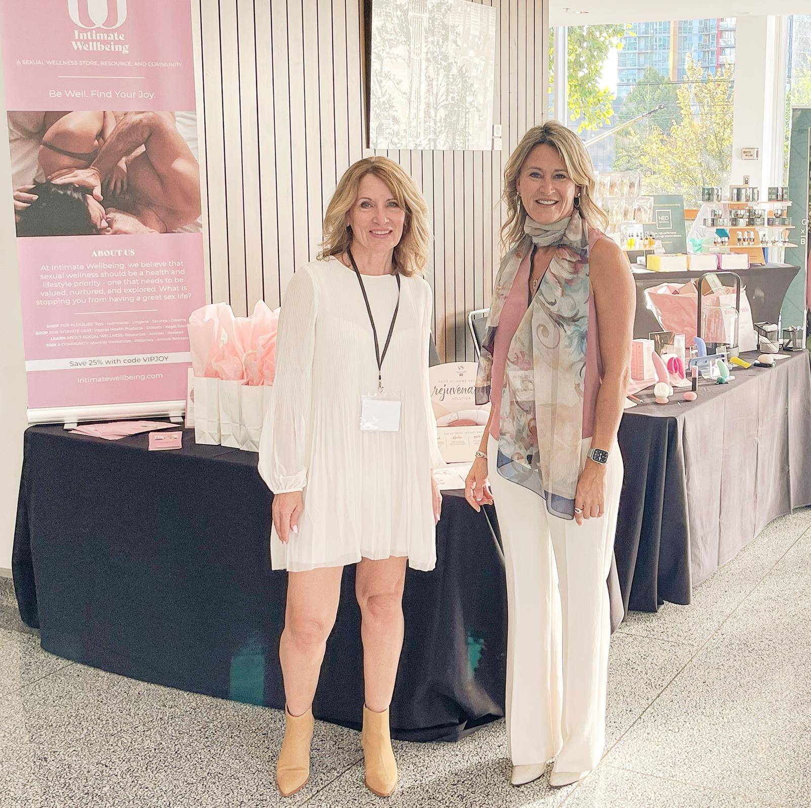 Coco and Lola, Intimate Wellbeing Co-Founders, offering water-based personal lubricant Okanagan Joy at a Sex Expo.