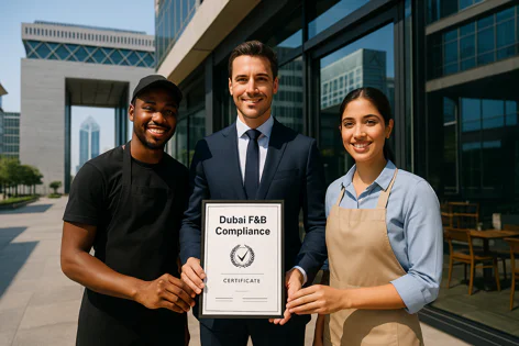 A businessman and two smiling food service staff members proudly display a Dubai F&B Compliance Certificate outdoors.