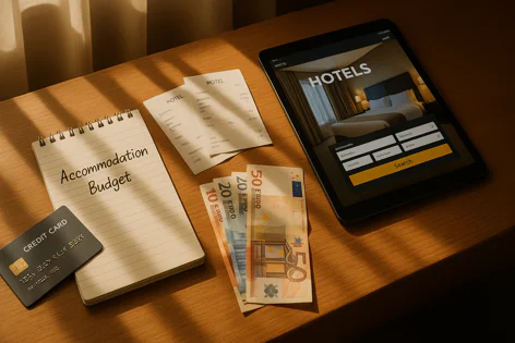Desk with travel planning items: 'Accommodation Budget' notepad, credit card, Euro banknotes, hotel receipts, and a tablet searching for hotels.