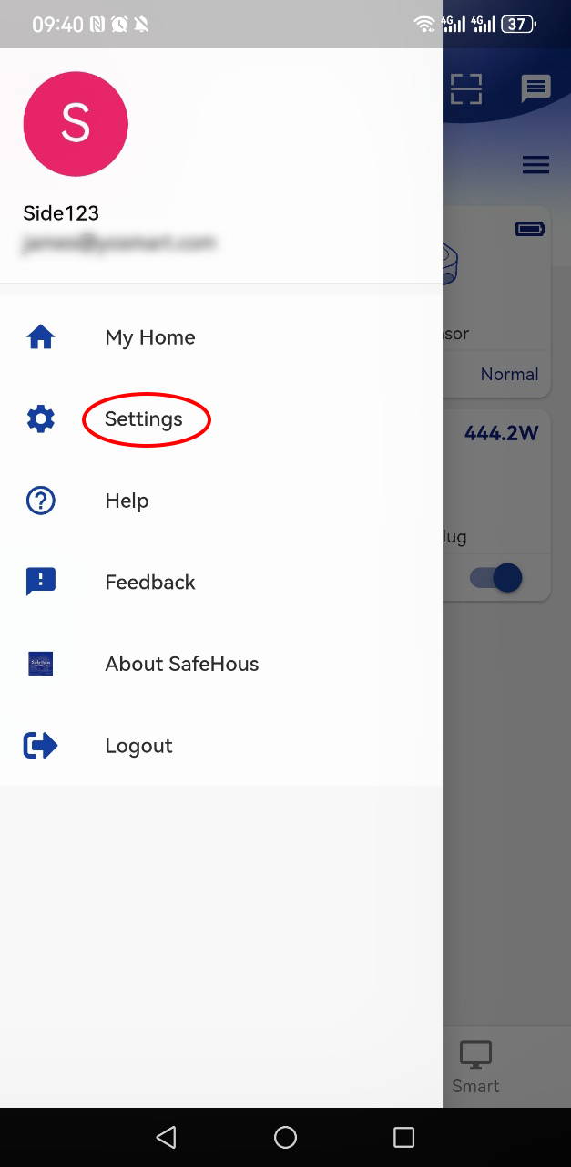 Side navigation menu opened, showing user profile and menu options. Tap Settings to open the settings page.