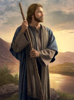 Jesus standing next to a calm river at sunrise. He wears a calm expression.