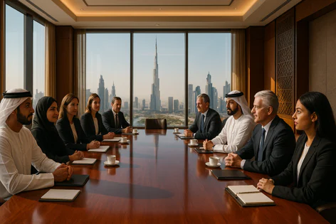 A diverse group of business professionals sit around a conference table in a modern room with large windows overlooking the Dubai skyline, including the Burj Khalifa.