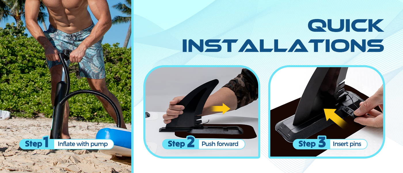 Funwater paddle board support quick installations, you only need to inflate your blow up paddle board, push your fins forward and insert pins