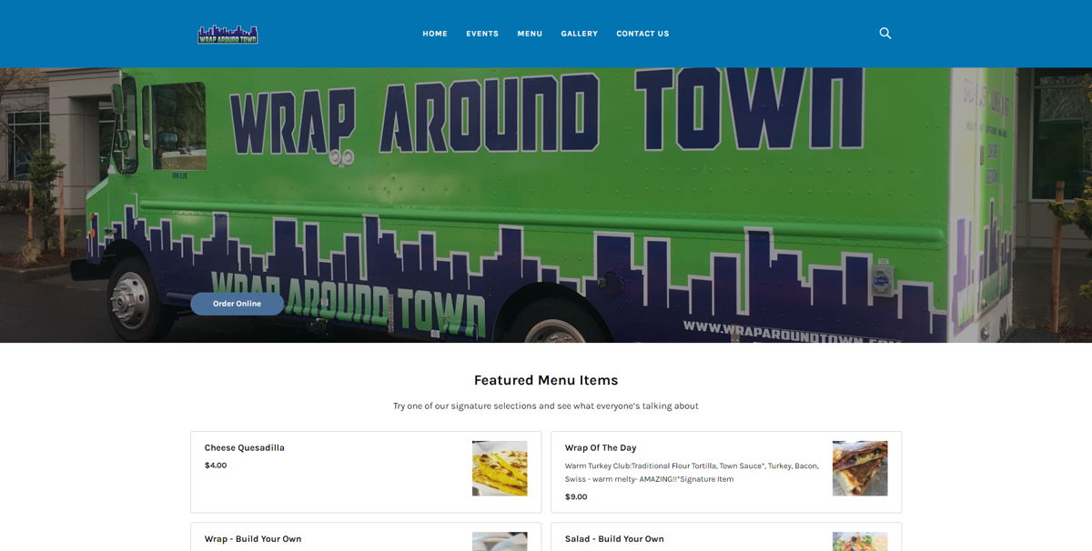 Screenshot of Wrap Around Town, from the food truck websites collection.