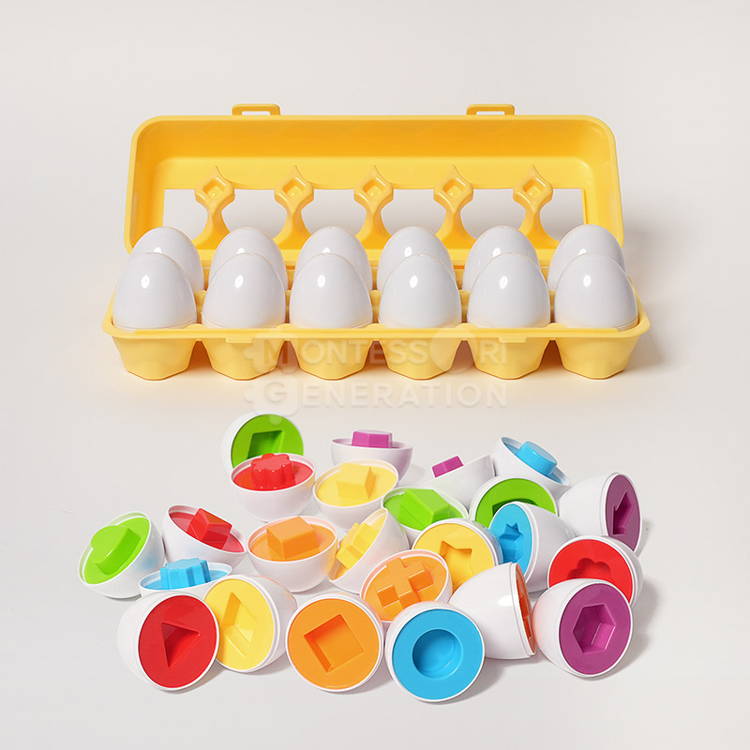 A colorful educational toy for kids with eggs in a carton and different geometric shapes.