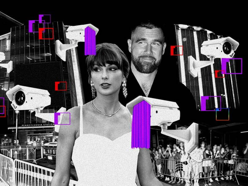 Surveillance cameras covered with drapes next to Taylor Swift and Travis Kelce against a background of open cameras outside Madison Square Garden.