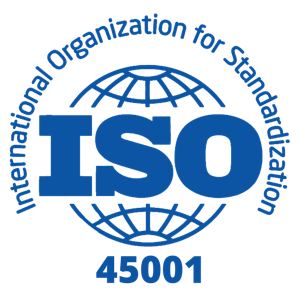 Blue ISO 45001 logo with a globe outline in the background and the words International Organization for Standardization circling around the top. The number 45001 appears below the large ISO text.