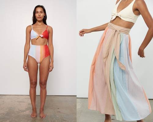 Woman wearing striped high waisted bikini bottoms in pastel hues with matching tied bikini top from luxury sustainable women's fashion brand Mara Hoffman and woman wearing cream tied bikini top and striped pastel long floaty skirt also from Mara Hoffman