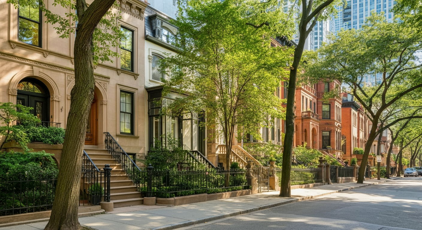 An elegant tree-lined street in Chicago's Gold Coast neighborhood showcasing historic brownstones and mansions with ornate facades, wrought-iron fences, and manicured gardens. The scene captures the neighborhood's refined character with dappled sunlight filtering through mature trees, creating a sense of timeless luxury and exclusivity.