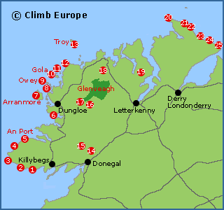 Map of the rock climbing areas in Donegal