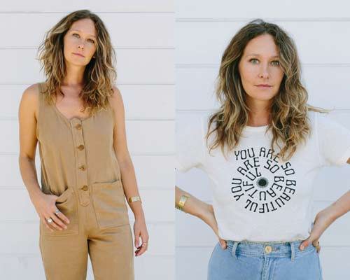 Woman wearing hemp button up dungarees in taupe and woman wearing organic cotton t-shirt with text in a spiral saying "you are so beautiful" with light blue denim bottoms from sustainable brand Jungmaven