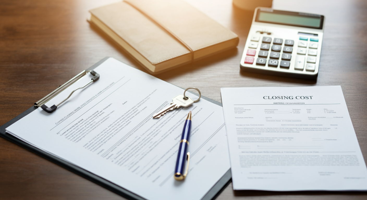 A close-up view of a wooden desk with neatly organized closing documents, including a calculator displaying numbers, a house key, and a contract with CLOSING COSTS visible in the header. Natural light streams in from a nearby window, highlighting the important paperwork that represents the final stage of a Metro Chicago home sale.