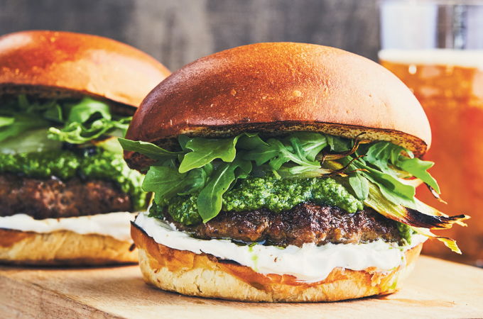 Lamb Burgers with Arugula Pesto and Roasted Onion